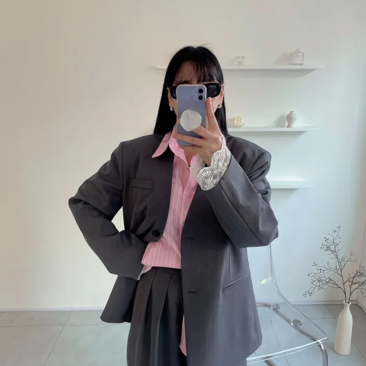 [봄best/데이트룩/하객룩] 쌜린 노카라 레이스자켓 봄 아우터 오버핏자켓 박스핏자켓 루즈핏자켓 싱글 봄자켓 상세 이미지 1