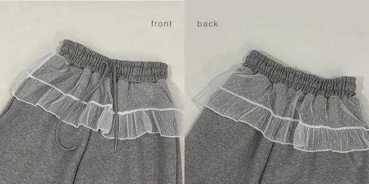 [존귀탱💞]프릴 도트 레이스 망사 벨트 오간자 튜튜 캉캉 스커트 배색 레이어드 스웨트 스트링 조거 팬츠 밴딩 빅사이즈 와이드 면 츄리닝 추리닝 트레이닝 바지 투웨이 롱팬츠 y2k 상세 이미지 6