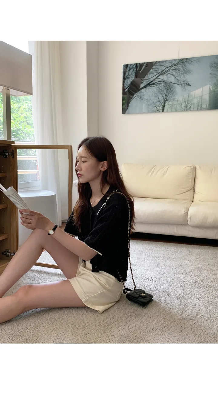 [6천장돌파] 델라본 배색 카라 스카시 반팔 니트 가디건 상세 이미지 49