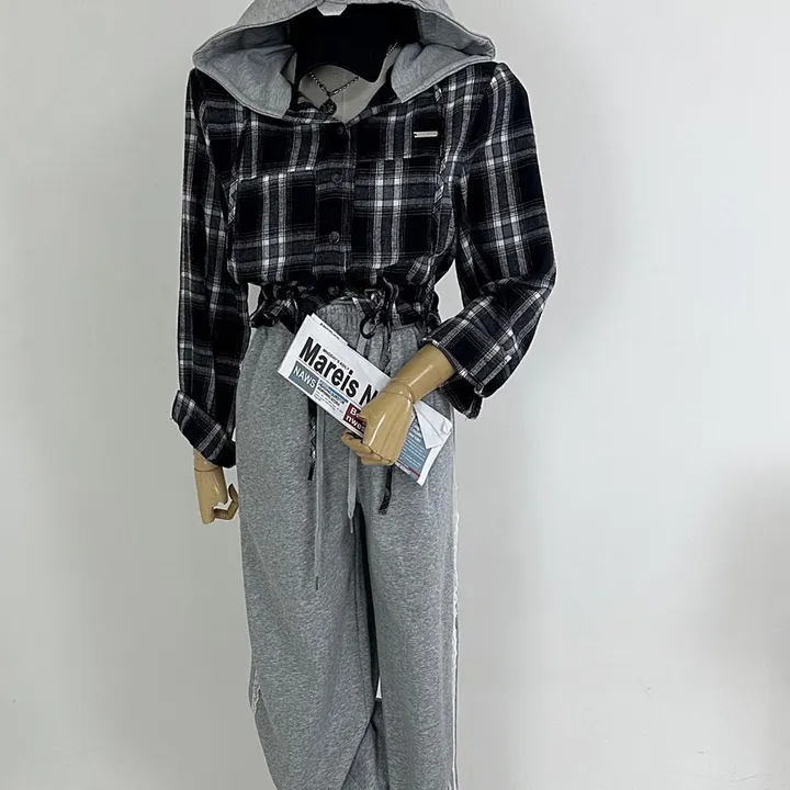 [패드내장/데일리/캐주얼/코디추천템] 크롭 체크 후드 배색 패치 스트링 셔츠 남방 상세 이미지 14