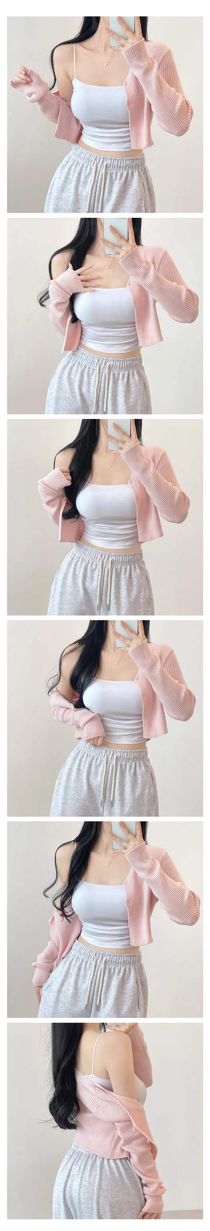 봄가디건🌸아일릿 브이넥 투버튼 단추 트임 긴팔 반팔 크롭 골지 니트 가디건 (6color) 상세 이미지 13