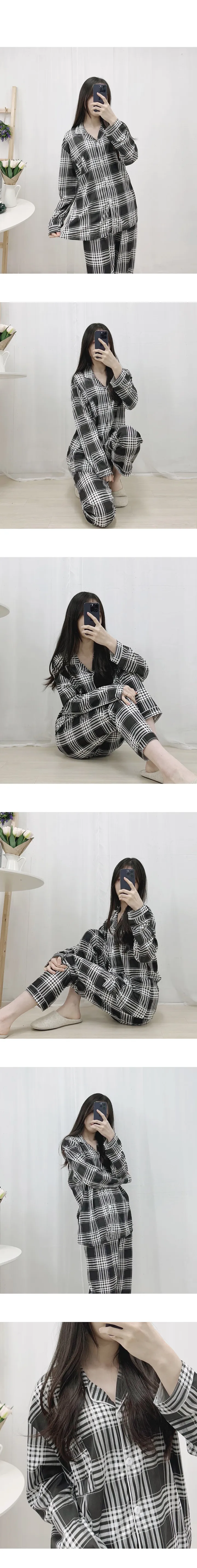 체크 블랙 라인 카라 여성 학생 긴팔 홈웨어 잠옷 세트 상세 이미지 3