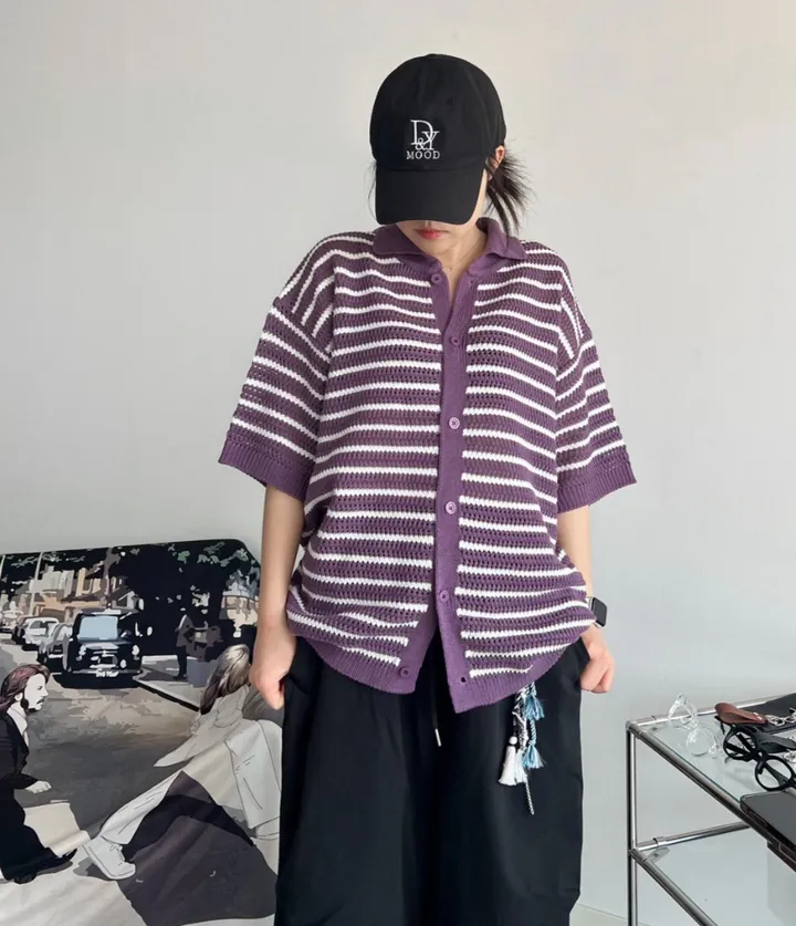 [통풍굿💨/반팔ver]델리ST 스트라이프 배색 오버핏 반팔 니트 가디건 커플 5color 상세 이미지 33