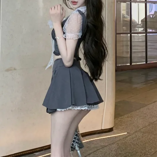 [쓰리피스SET] 도트 리본 시스루 블라우스 하이틴 테니스 뷔스티에 투피스 셋업 세트 상세 이미지 5