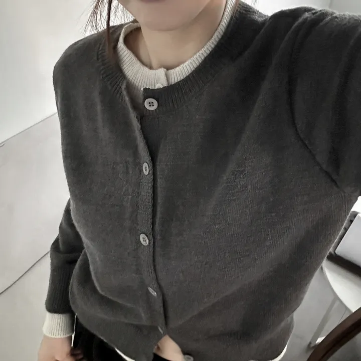 당일출고🚀[일체형] 배색 레이어드 라운드넥 슬릿 니트 가디건 3color 상세 이미지 18