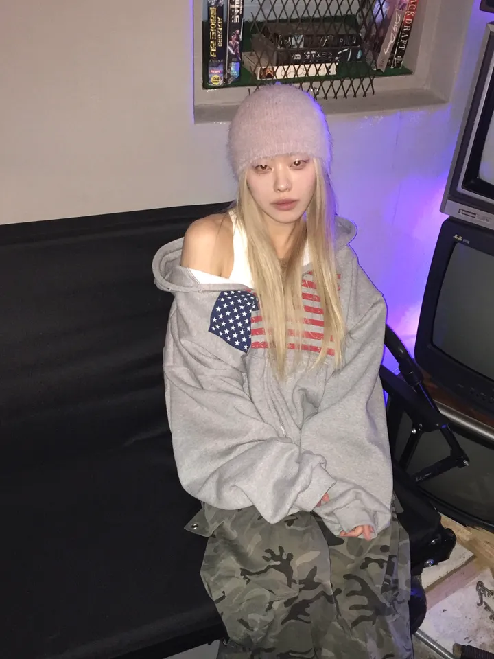 (기모ver) American flags cropped hooded zip-up [2color] 상세 이미지 5
