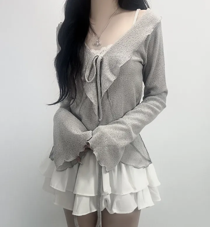 ruffle ribbon lace cardigan 러플 리본 레이스 가디건 (봄가디건, 러블리, 프릴, 니트가디건, 슬림핏, 여리여리) 상세 이미지 21
