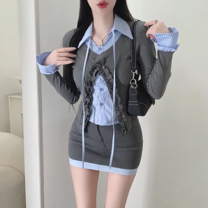 [3COLOR/셔츠일체형] 유닛 스트라이프 셔츠&프릴가디건 레이어드세트/버닝블루 상세 이미지 5