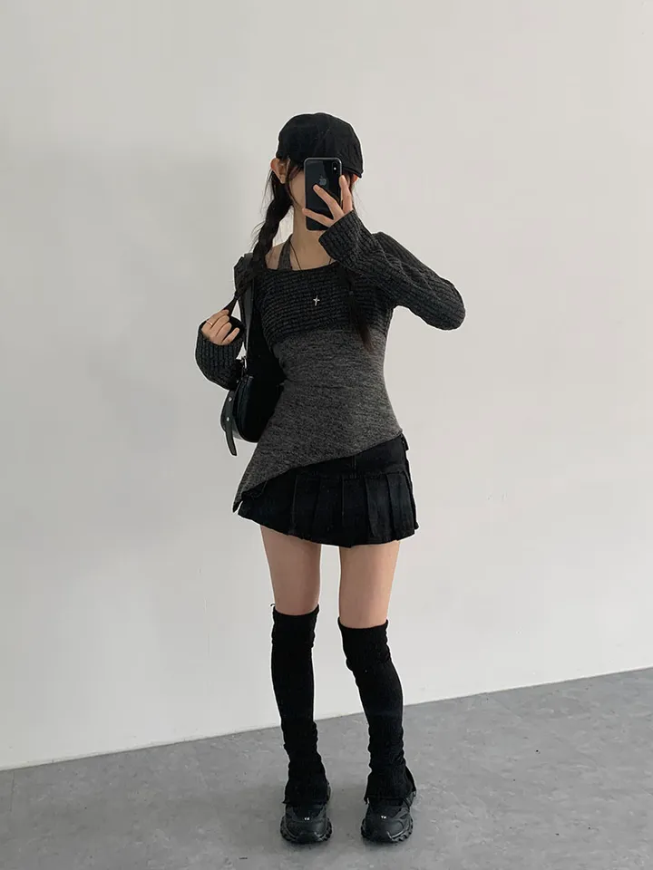 [레이어드세트/몸매보정핏! 뒷모습도완벽🖤 슬림핏 홀터나시 긴팔크롭티 레이어드세트] 리엘사선홀터나시SET 상세 이미지 13
