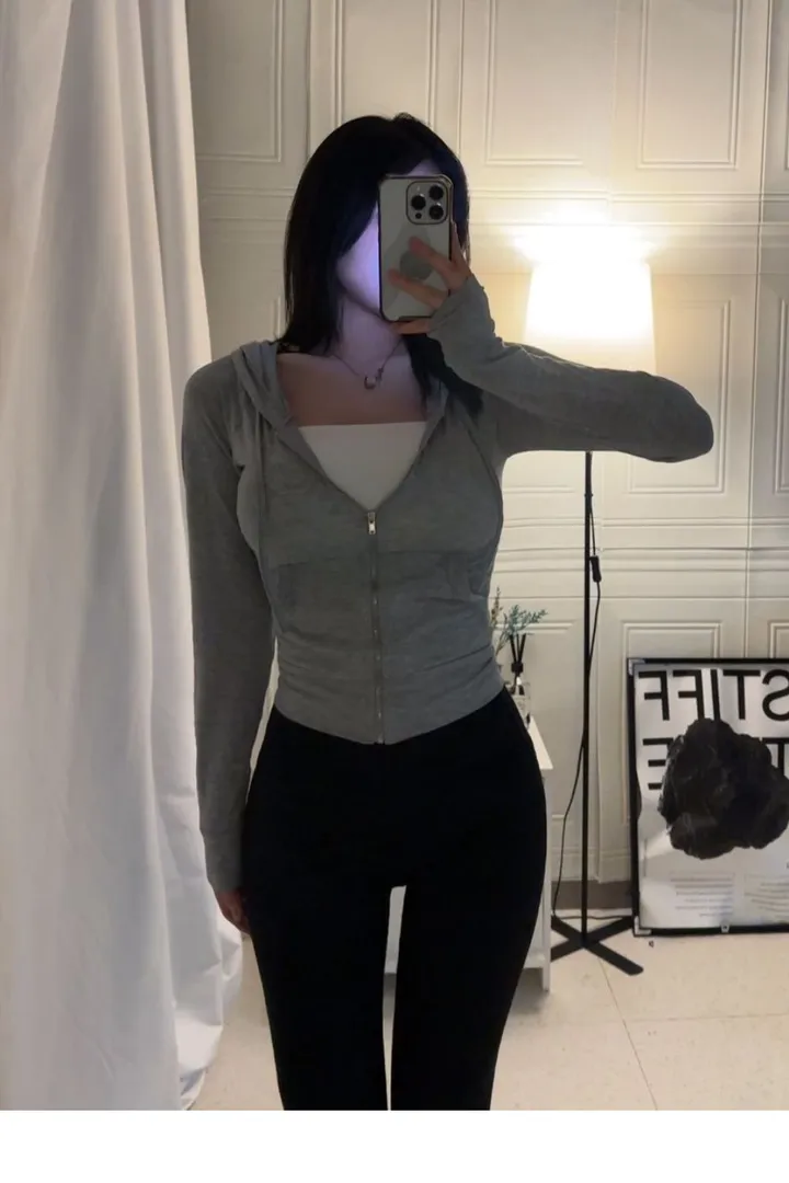 (몸매 보정)슬림핏 하찌  크롭  후드 집업/필라테스 운동복/꾸안꾸/슬림핏/보정핏/스판 후드 집업 상세 이미지 10