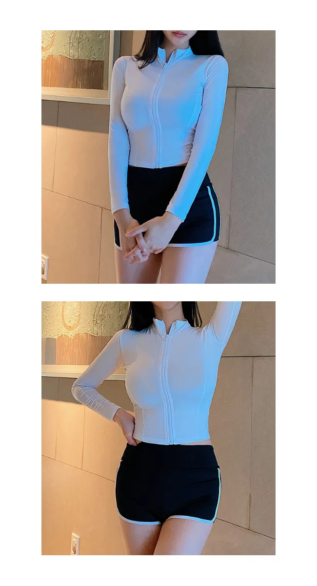 [주문폭주] 플레인 실내 비치웨어 스윔웨어 집업 긴팔 래쉬가드 수영복(아이보리/블랙) 상세 이미지 3
