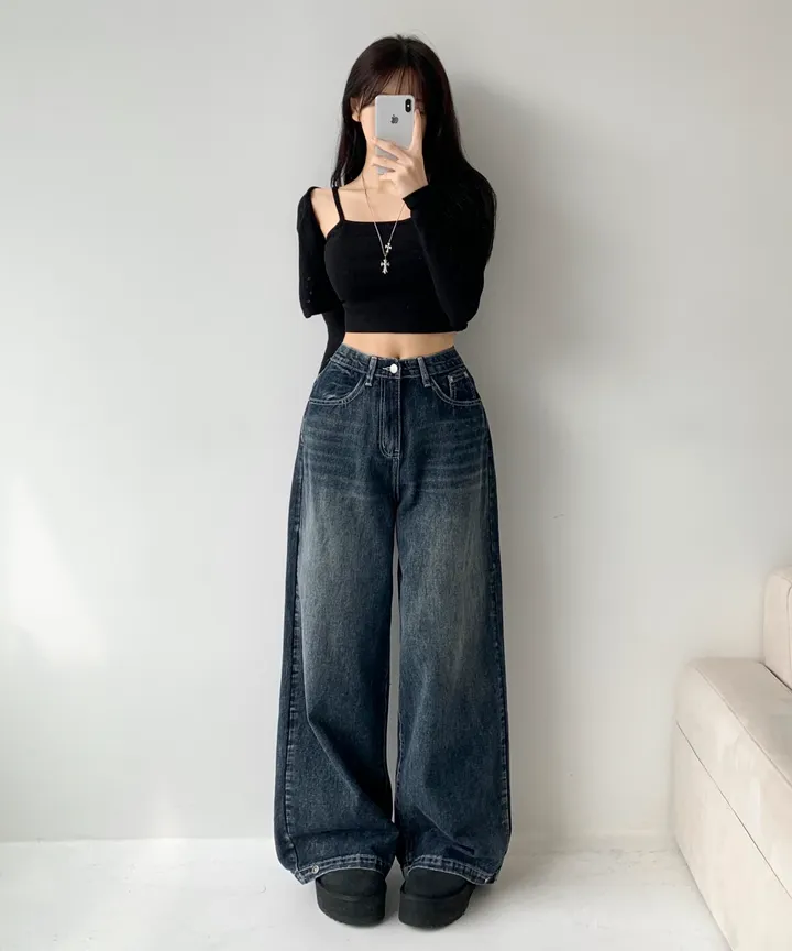 [모델소장🖤/기장선택/~XL] 페이블 3기장 힙 빈티지 워싱 하이웨스트 로우 밑단 스냅 조거 와이드 데님 팬츠 청바지 키작녀 키큰녀 남녀공용 사계절팬츠 빅사이즈 상세 이미지 14