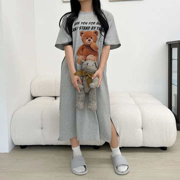 [국내/부드러운] 베어🐻 프린팅 반팔 롱 원피스 - 4color 상세 이미지 26