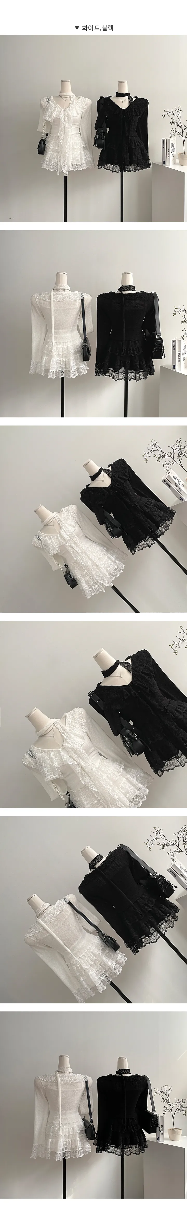 [머플러세트/발레코어,페미닌] 엔젤링 플라워 레이스 프릴 레이어드 숏 가디건 머플러 스카프 2pc세트 (2color) 상세 이미지 3