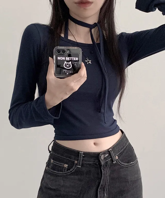 [여리핏/스트링] Reton Holter Crop T [ 레톤 홀터 스퀘어넥 유넥 긴소매 반크롭 티셔츠 ]