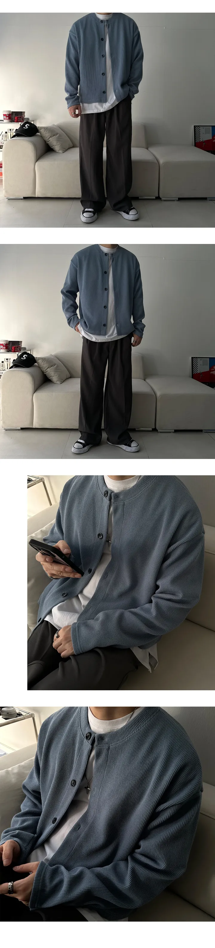 라운드넥 니트 가디건 니티드 미니멀 캐주얼 봄 간절기 가을 겨울 이너 골지 상세 이미지 6
