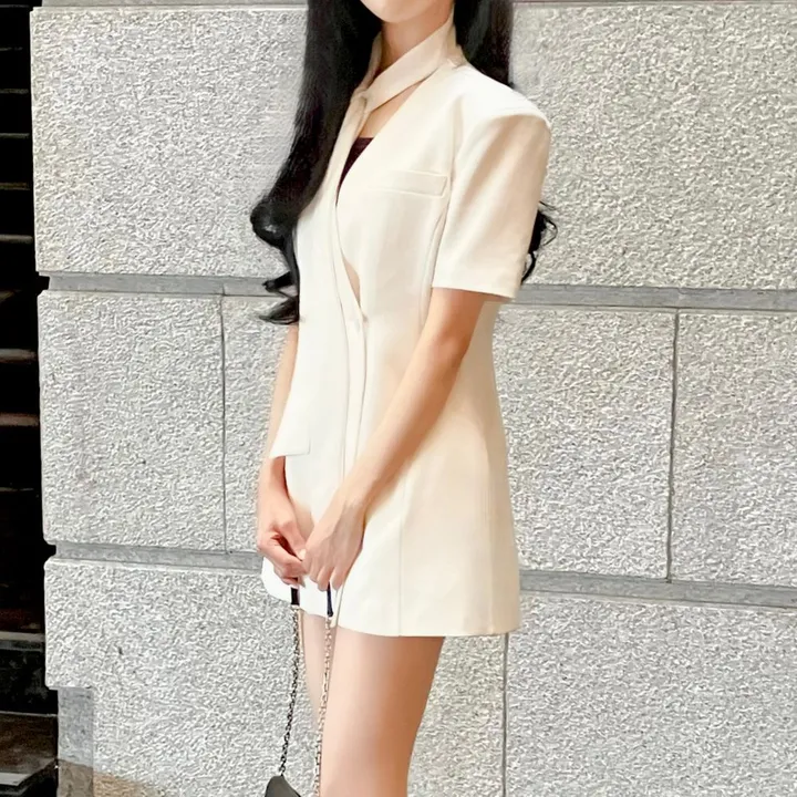 [하객룩👰🏻‍♀️/주문폭주/반팔ver] 하이퀄리티 타이 라인 반팔 하객 자켓 원피스 (3color) 상세 이미지 11