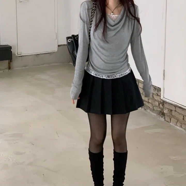 [레이스일체형ෆ군살커버말라핏]이연 텐션 여리핏 드레이프 셔링 레이어드 레이스 골지 롱슬리브 티셔츠 3color 상세 이미지 31