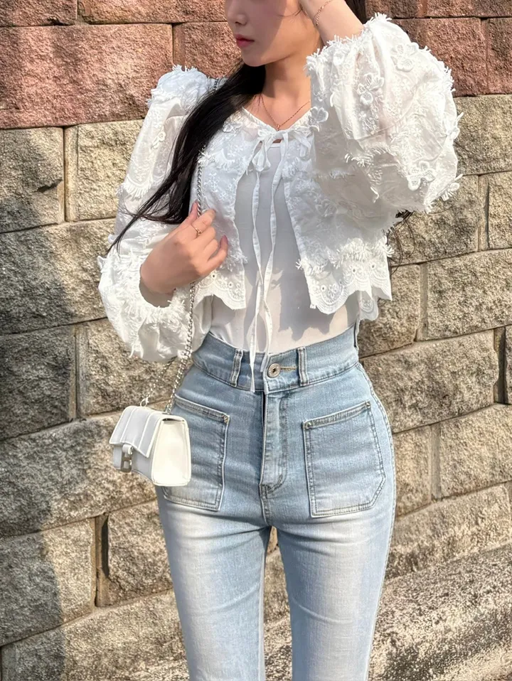 (얼굴소멸) 나비 레이스 자수 퍼프 볼레로 자켓 가디건 상세 이미지 7