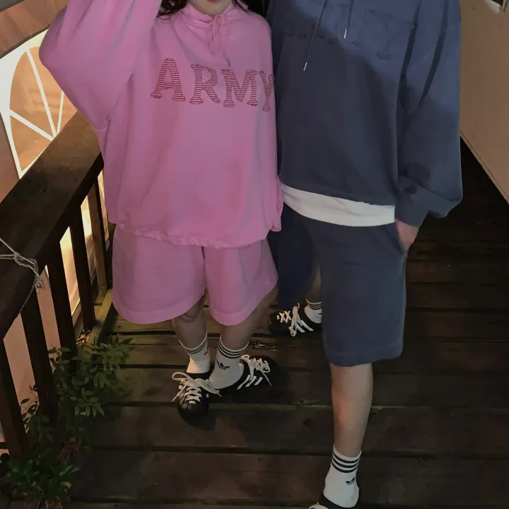 [세트가격🌠/남녀공용🧏‍♀️💕/도링룩단독💌] 피그먼트 아미 레터링 후드 밴딩 5부 반바지 커플 트레이닝세트 투피스 (3color) 상세 이미지 38