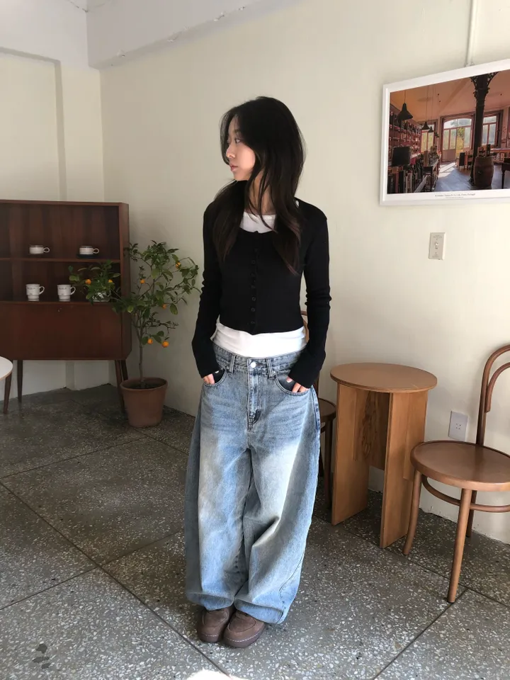 슬림핏 숏 골지 가디건 상세 이미지 12