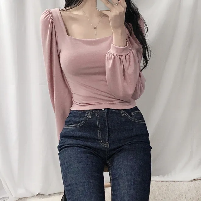 [여리핏/4col] 오로라 스퀘어넥 퍼프 크롭 티셔츠 상세 이미지 9
