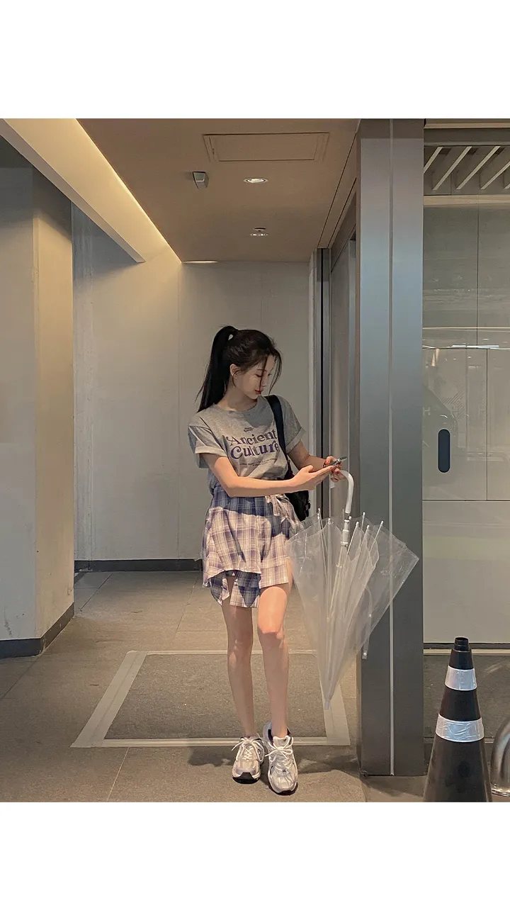 (세트가격/티셔츠세트/치마바지/체크포인트/하체커버/꾸안꾸룩/코디세트/세트코디/데일리/여행룩) 시엘 티셔츠+셔츠 체크치마 바지 세트 SET 상세 이미지 9