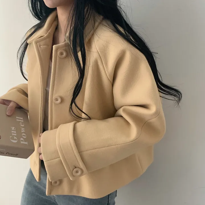 봄가을 크롭재킷 오버핏 아이보리 블랙 싱글버튼 숏코트 상세 이미지 18