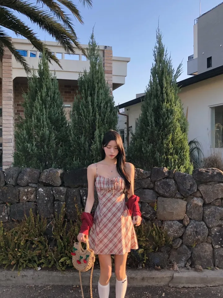 [세트가격❤️/예쁨보장!] 린넨 체크 셔링 리본 플레어 a라인 볼레로 크롭 가디건 원피스 투피스 세트;3color <여행룩/길이오절/핏존예!> 상세 이미지 17
