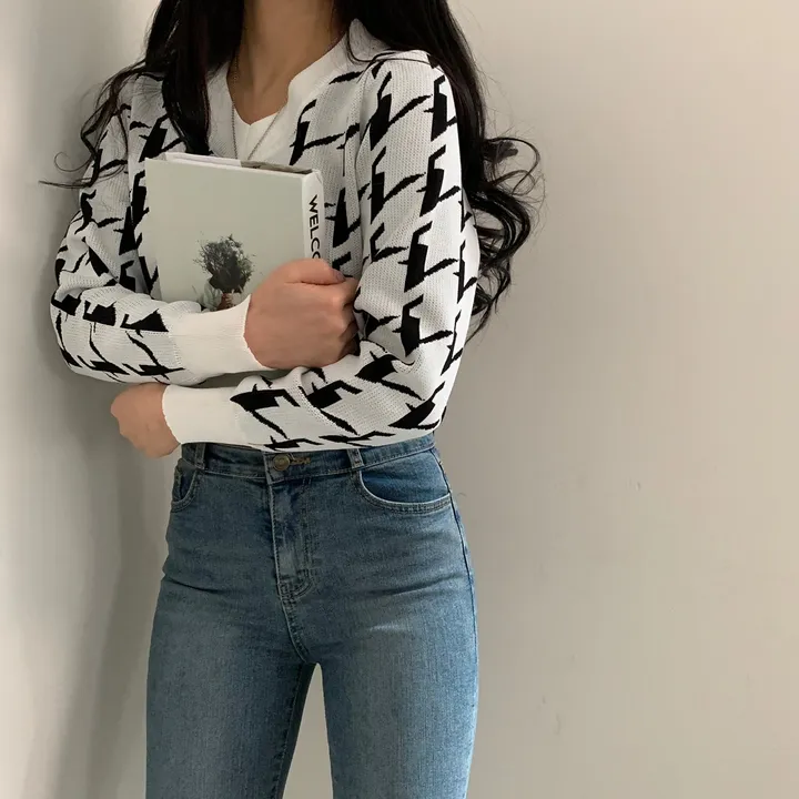 [몸매보정] 잘록한 체크 크롭 브이넥 배색니트;2col 상세 이미지 31