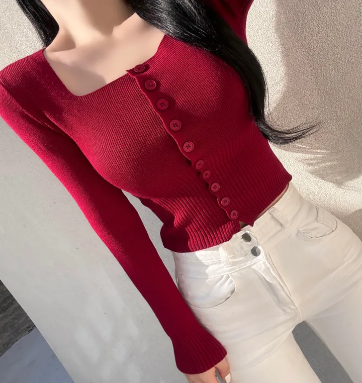 [최저가보장!!/허리잘록/벌어짐X] 청순 글램 소프트 무지 스퀘어넥 허리시보리 골지 니트 가디건 봄신상 세미크롭 데일리 데이트룩 여친룩 베이직 기본 긴팔 티셔츠 개강룩 상세 이미지 28