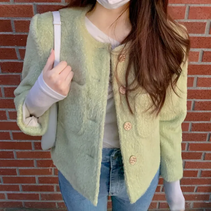 [2천장돌파‍🔥누빔선택!!] 앙고라 트위드 국내 펄 콕콕 퍼 겨울 트위드 자켓 노카라 포켓 간절기 하객룩 크롭 숏자켓 그린 소라 아이보리 핑크 상세 이미지 43