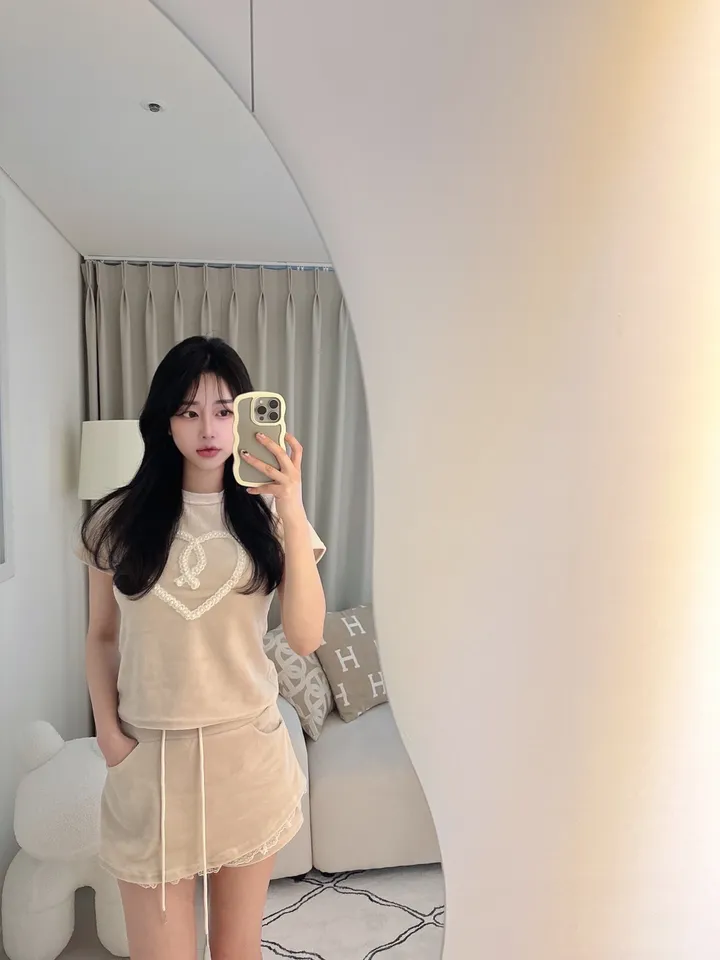 벨로아 피치 진주 하트 레이스 치마바지 투피스 세트 (2color) 상세 이미지 37