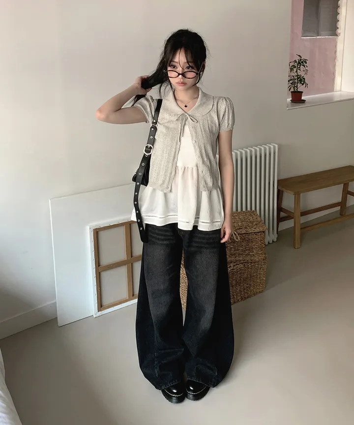 [러블리🌷반팔가디건] 게일 둥근 카라 리본 스트랩 크롭 반팔 가디건 봄 여름 가을 / 여름가디건 남방 크롭티 반팔티 흰티 이너티 아우터 뮤잉 상세 이미지 5