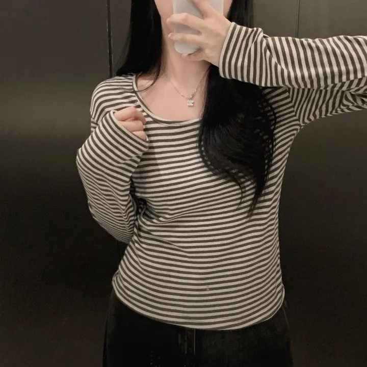 [팔말라핏🤍/단가라ver]팔뚝살 부각없는 3탄! 뉴페이스 단가라 스트라이프 스퀘어넥 루즈핏 긴팔티셔츠 상세 이미지 11