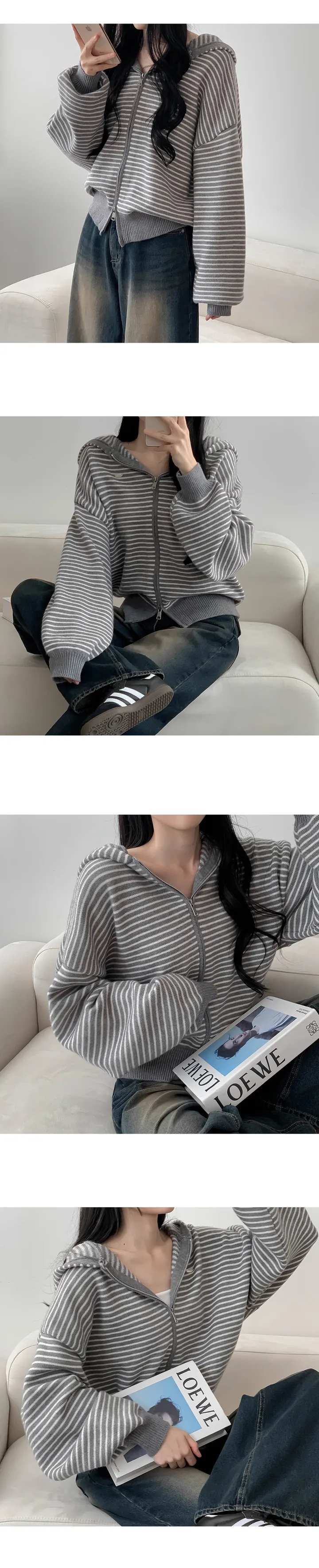 헤이리 스트라이프 후드 집업 니트 가디건 - 2color 상세 이미지 10