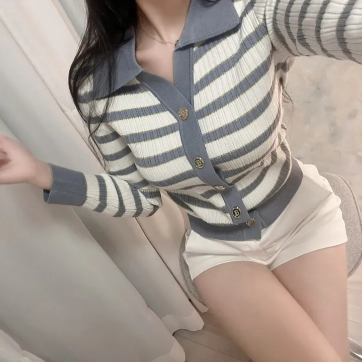 헤르배색 금장 스트라이프가디건 카라가디건 수입가디건 상세 이미지 11