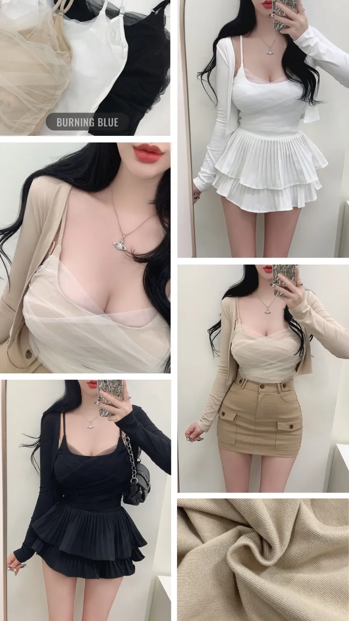 [3COLORS/SET] 더블셔링 레이스 레이어드나시&크롭가디건 세트/버닝블루 상세 이미지 5