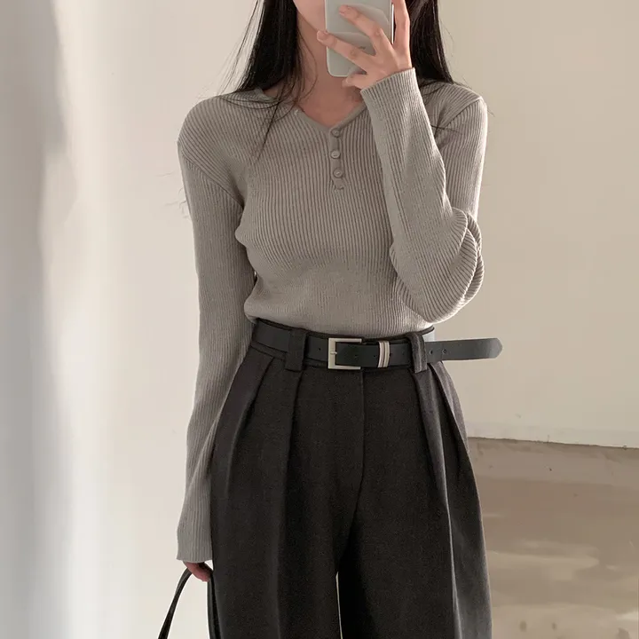 [4계절필수 디자인/연그레이 당일출고✨] 자체제작 #크치Made 젤리 버튼 트임 브이넥 골지 겨울 니트 긴팔티셔츠 - nt 상세 이미지 174