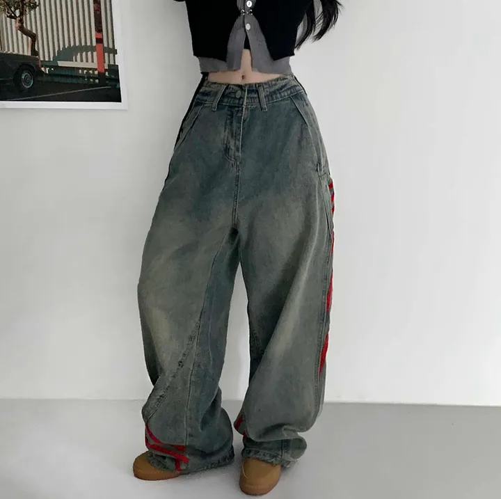 [ 가을신상 ! /  S, M, L   ]레드 라인 데님 트랙팬츠 청바지 * 뒷밴딩 ㅇ * [9OOD PANTS] 상세 이미지 12