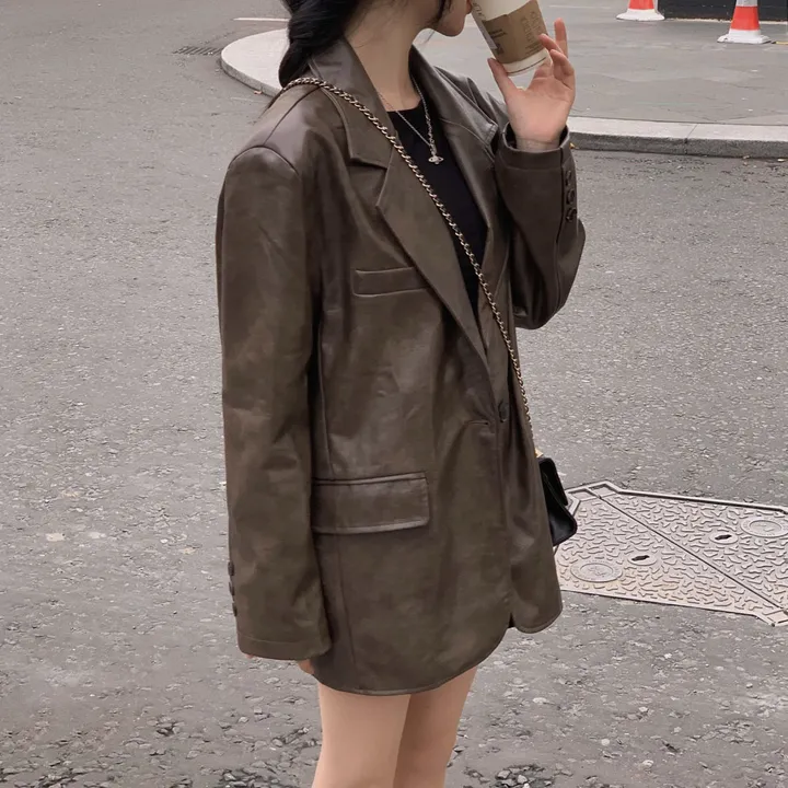 [모델소장/최저가🤎] 런던 원버튼 루즈핏 레더 블레이저 하프 자켓 - jk 상세 이미지 45
