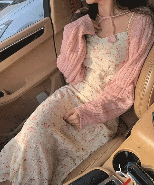 [1만장돌파🍓딸기우유색감] 베리 잔꽃 플라워 셔링 브이넥 뷔스티에 나시 롱 원피스 볼레로 가디건 세트