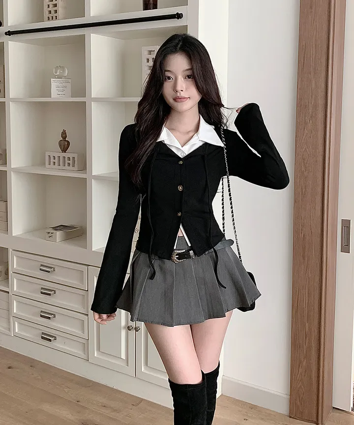 [반팔/긴팔❄일체형💗고퀄ver] 칠리 셔츠 가디건 일체형 레이어드 리본 슬림핏 긴팔 반팔 티셔츠 가디건 봄 겨울 가을 / 하객룩 출근룩 소개팅룩 데이트룩 클래식블랑 상세 이미지 11