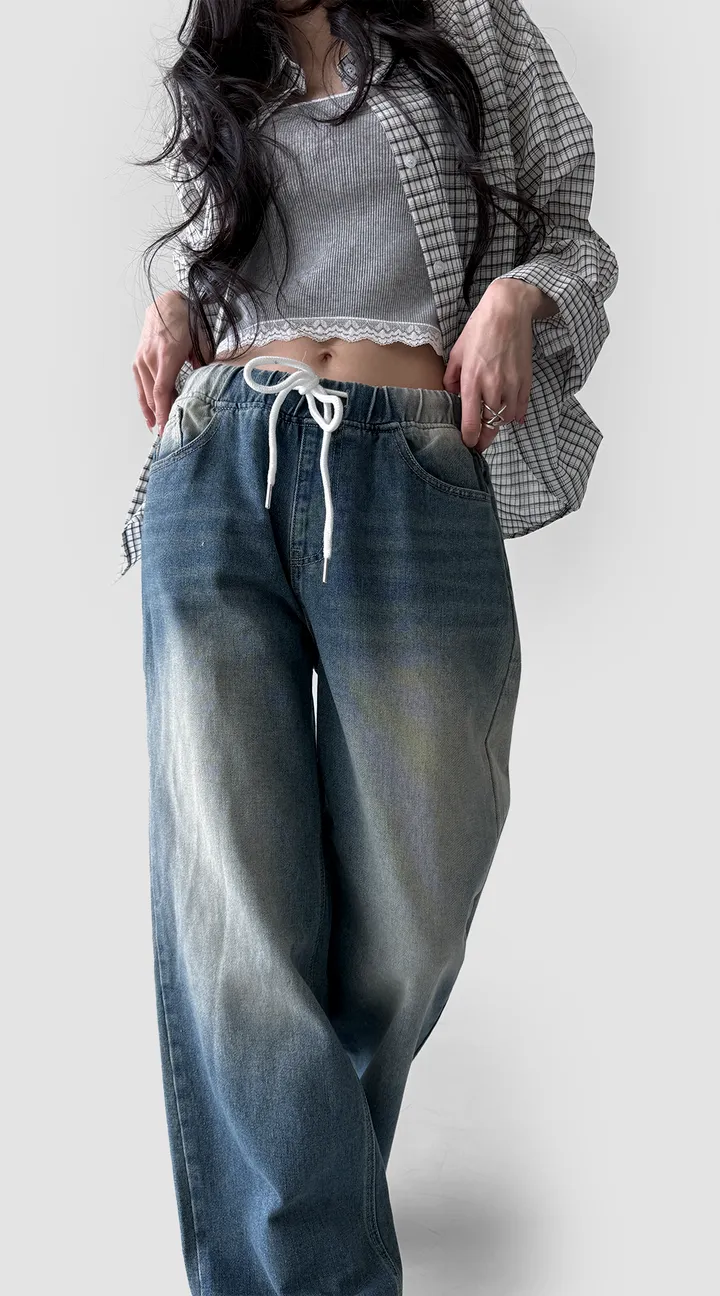 [~2XL] 마블 소프트 워싱 허리 밴딩 와이드 일자핏 데님 팬츠 바지 상세 이미지 7