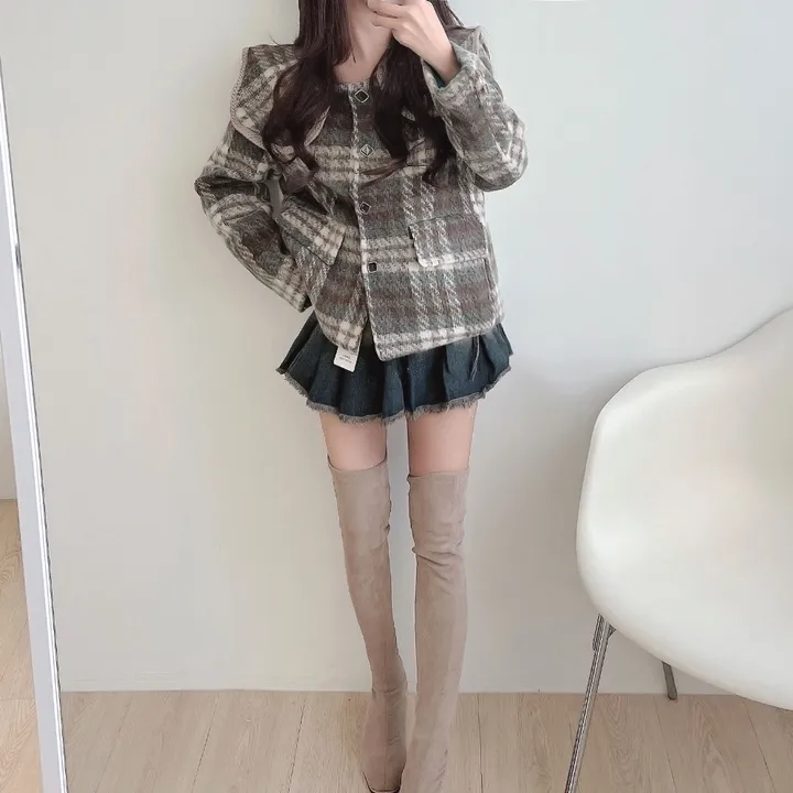 어깨패드) 초코나무숲 케이프 누빔 체크 싱글 보석 반 코트 상세 이미지 3