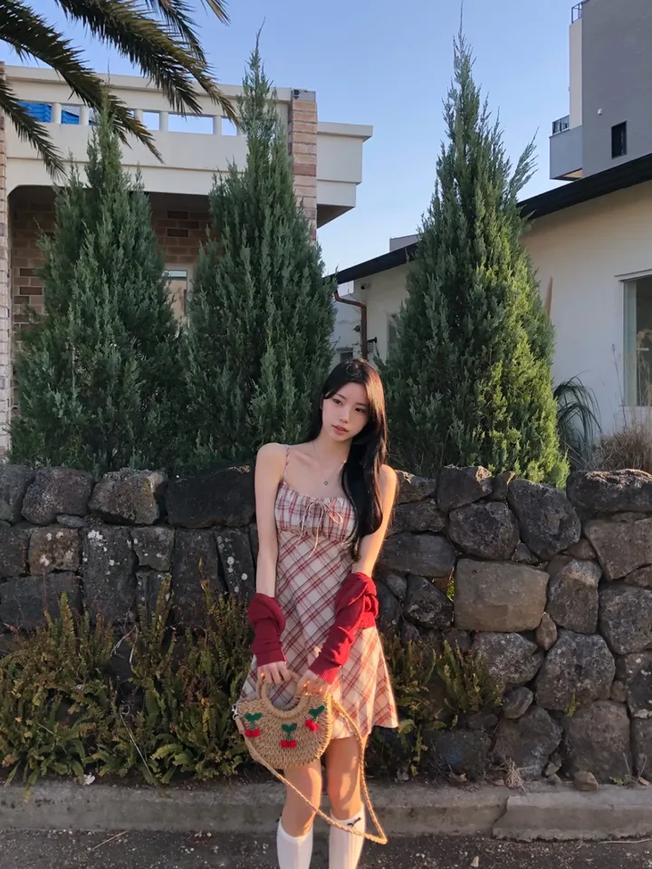 [세트가격❤️/예쁨보장!] 린넨 체크 셔링 리본 플레어 a라인 볼레로 크롭 가디건 원피스 투피스 세트;3color <여행룩/길이오절/핏존예!> 상세 이미지 14