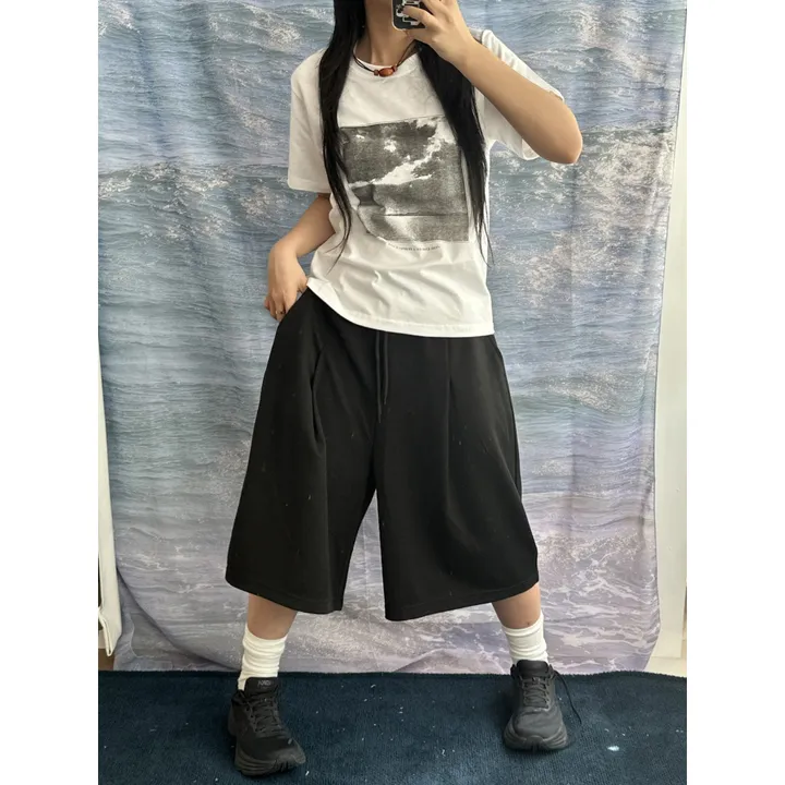 [UNISEX/기획특가/소장추천!/3size!]사이드 폴드 핀턱 포인트 루즈 와이드 벌룬 버뮤다 하프 트레이닝 팬츠(2color) 상세 이미지 12