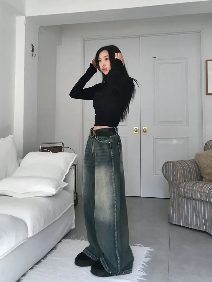 [숏,기본,롱/~XL/핏보장💙*밑단스냅단추 투웨이* 워싱 와이드데님] 헤이브밑단스냅와이드데님 상세 이미지 8