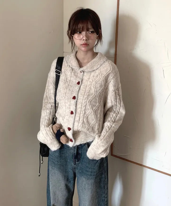 [MD추천✨러블리] 우토 하트 단추 카라 배색 니트 가디건 봄 가을 / 니트가디건 가디건 봄가디건 아우터 바람막이 청자켓 뮤잉 상세 이미지 16
