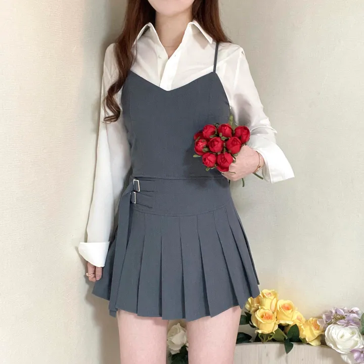 [SET가격] 크롭 뷔스티에 + 플리츠 더블 벨트 스커트 투피스 세트 3color 상세 이미지 15
